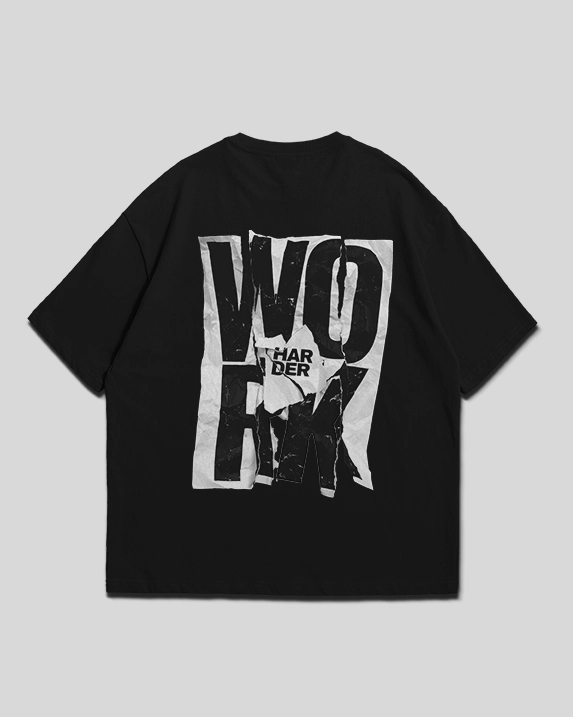Men's black drop shoulder t-shirt with 'Work Harder' printed design, casual oversized fit